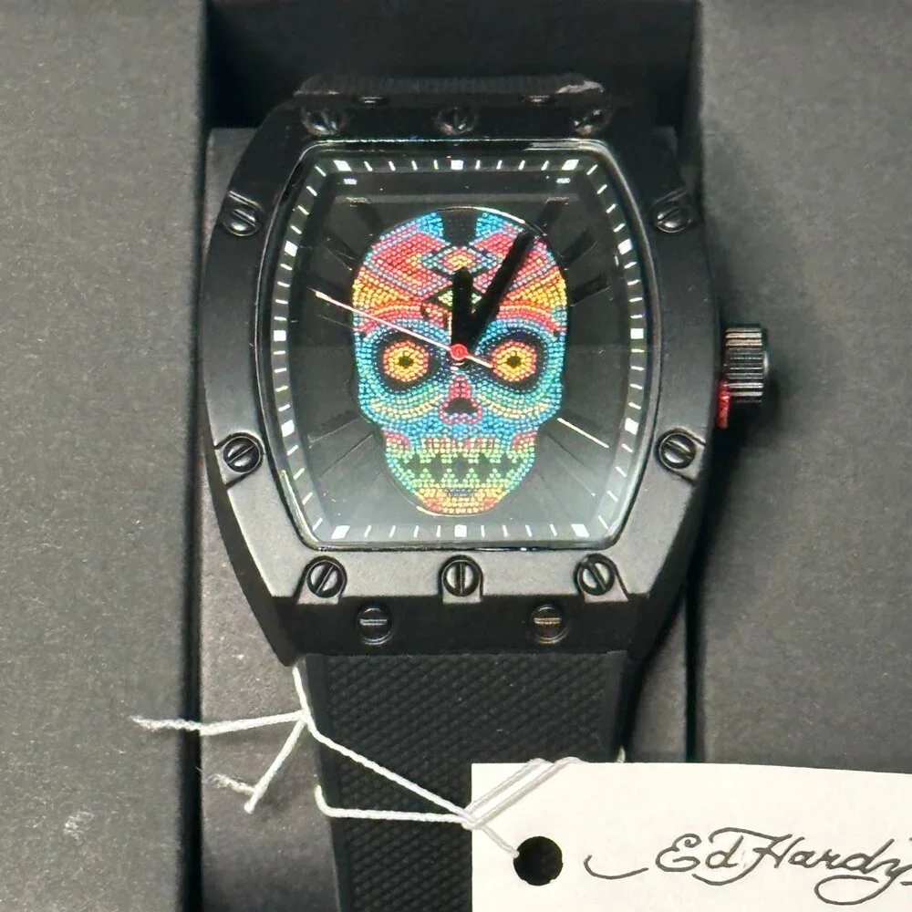 NEW Matte Black Silicone Strap Multicolor Skull Ed Hardy Watch